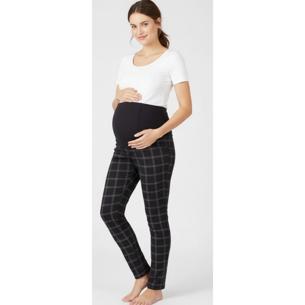 Isabel Maternity Crossover Panel Leggings Black Plaid Size M